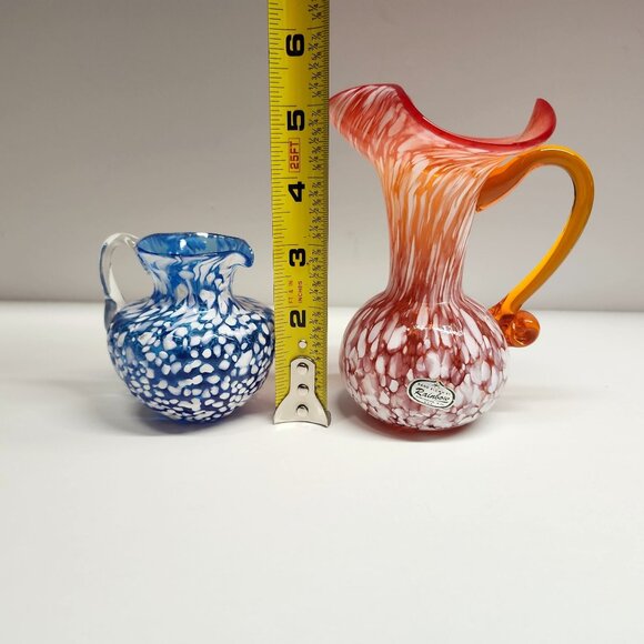 Blown Glass Orange Blue White Speckle Pitcher Vases Rainbow Glass - Picture 6 of 11